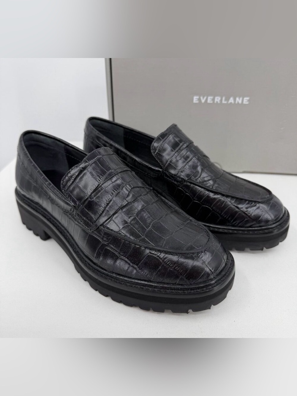 Everlane The Lug Loafer in Black Crocodile Leather size 7 Women's Chunky Heel